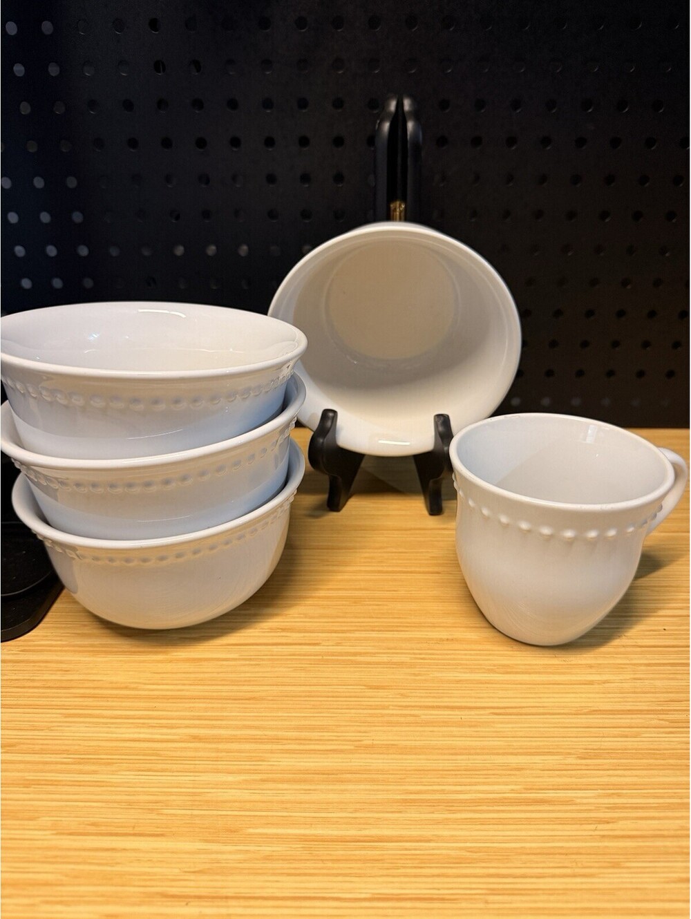 5 Pc Pottery Barn Emma White Bowl Cup Set Beaded Portugal Cereal Soup